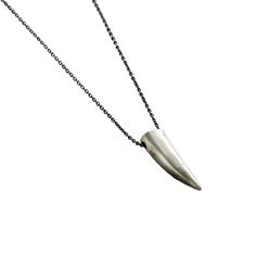 This unique necklace is crafted from 925 Sterling silver. The tactile design features a solid pendant inspired by a shark's tooth necklace.  To finish the necklace is put through an oxidisation process which creates a truly unique patina. Each pendant comes suspended on 20" oxidised sterling silver chain. Oxidised 925 sterling silver. Each item is individually handmade to order in our Brighton workshop. All of our items are handmade so please check that all personalisation, sizing, product optio Tactile Design, Sharks Tooth, Silver Shark, Posh Totty, Shark Tooth Necklace, Tooth Necklace, Mens Jewelry Necklace, Creating Jewelry, Shark Teeth