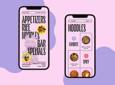 two smartphones displaying appetizers and noodle's bar specials on them