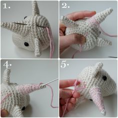 four pictures showing how to crochet an elephant