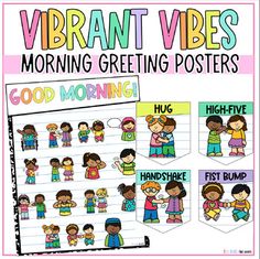 a poster with the words vibrant vibes morning greeting posters and pictures on it