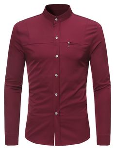 Mandarin Collar Faux Chest Pocket Shirt - Red Wine - 3A72390312 - Men's Clothing, Men's Tops & T-Shirts, Men's Shirts  #MensShirts #Men's #Clothing # #Men's #Tops #& #TShirts # #Men's #Shirts Fashion Design Men, Mens Western Style, Stand Collar Shirt, Long Sleeve Fitted Dress, Long Sleeve Casual Dress, Shirt Dress Casual, Pocket Shirt, Long Sleeve Shirt Dress, Mandarin Collar