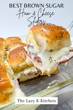 the best brown sugar ham and cheese sliders are on display in a glass baking dish