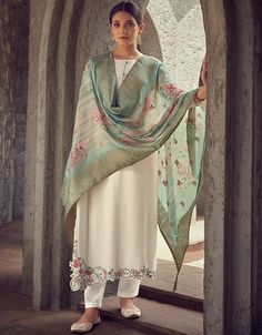 White Pant style Suit Pure Maslin Jacquard Ladies Suit Design, Indian Salwar Suit, White Pant, Modest Evening Dress, Jacquard Top, Embroidered Suit, Indian Designer Suits, Plus Size White, Print Embroidery