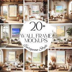 20 wall frame mockups for the living room and bedroom in photoshopped style