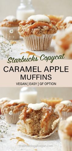 an image of caramel apple muffins with frosting on top and in the middle