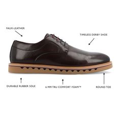 The William derby shoe from Vance Co. seamlessly blends sophistication and comfort with its 1-inch heel, lace-up closure, and classic round toe design. Crafted from faux leather this style offers a stylish choice for various occasions. The mesh lining, 6 mm Tru Comfort Foam™ footbed, and rubber outer sole ensure breathability, comfort, and support, making the William a versatile and conscientious addition to your footwear collection. Synthetic Brogue Oxfords With Plain Toe, Synthetic Oxfords With Brogue Detailing, Synthetic Plain Toe Oxfords With Brogue Detailing, Dress Shoes With Perforated Toe Box And Almond Toe, Synthetic Brogue Oxfords For Derby, Leather Derby Shoes With Perforated Toe Box, Leather Derby Shoes With Perforated Round Toe, Synthetic Brogue Lace-up Oxfords, Synthetic Wingtip Oxfords With Leather Sole