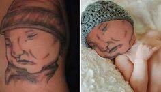 a baby with a hat on it's head next to a tattoo