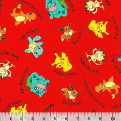 a red fabric with pokemon characters on it