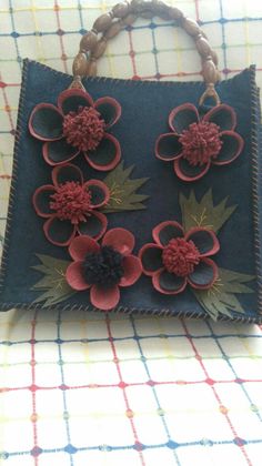 a handbag with flowers on it sitting on a table