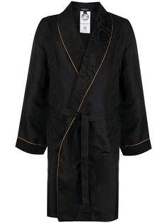 black silk full jacquard piped-trim detailing wrap design tied waist long sleeves Mens Silk Robe, Dior Jacket, City Shorts, Silk Robe, Summer Beach Wear, Lingerie Fashion, Light Jacket, Black Silk, Jacket Style