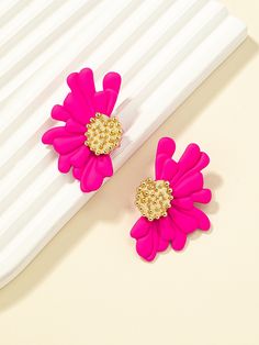 Rosa Fucsia De moda Collar  Aleación de zinc  Pendientes Embellished   Bisutería Hot Pink Polymer Clay Earrings, Hot Pink Earrings, Embellished Fashion, Hot Pink Flowers, Daisy Studs, Floral Studs, Fall Earrings, Daisy Earrings