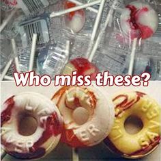 three donuts with different toppings on them and the words who miss these?