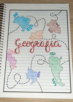 a notebook with writing on it that says geographia and the map of europe