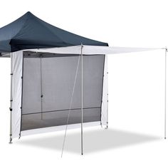 a white and blue tent with mosquito netting on the side, set up against a white background