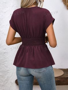 Color:Burgundy \nHem Shaped:Flared \nSleeve Type:Batwing Sleeve \nDetails:Ruffle Hem \nDetails:Ruched \nDetails:Shirred \nNeckline:V neck \nType:Peplum \nPattern Type:Plain \nSleeve Length:Cap Sleeve \nLength:Regular \nFit Type:Regular Fit \nFabric:Non-Stretch \nMaterial:Woven Fabric \nComposition:100% Polyester \nCare Instructions:Machine wash or professional dry clean \nPockets:No \nSheer:No \n Casual Summer Shirts, Women Blouses, Batwing Sleeve, Bat Wings, Summer Shirts, Ruffle Hem, Cap Sleeve, Summer Casual, Cap Sleeves