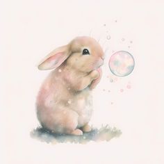 a watercolor painting of a bunny blowing bubbles