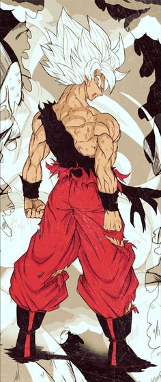 a drawing of gohan from the dragon ball anime, with red pants and black shoes