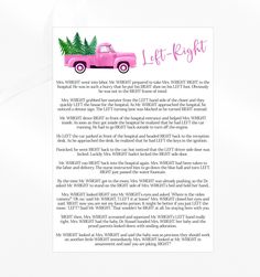 a pink truck with christmas trees on it's bed is in front of a letter