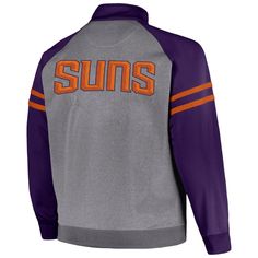 Be prepared for when temperatures start to drop with this Phoenix Suns Pieced Stripe track jacket from Fanatics Branded. It features embroidered team graphics and a stylish Olympic collar. This midweight full-zip is constructed with raglan sleeves that provide flexible movement and cozy microfleece lining, making it the perfect outer layer for chilly Phoenix Suns game days. Officially licensed Long sleeve Machine wash, tumble dry low Full Zip Sewn-on stripes Material: 100% Polyester Olympic coll Fall Sports Fleece Jacket With Zipper Closure, Sports Fleece Jacket With Zipper For Fall, Sports Fleece Jacket With Zipper Closure For Fall, Sports Half-zip Outerwear With Zipper Closure, Fall Sports Track Jacket With Zipper Closure, Fall Sports Outerwear With Zipper Closure, Fall Sports Fleece Jacket With Ykk Zipper, Fall Half-zip Track Jacket With Ykk Zipper, Sport Long Sleeve Outerwear With Ykk Zipper