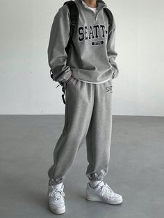 Men's Letter Print Zip Up Hoodie And Kangaroo Pocket Sweatpants Set, Autumn Grey Casual  Long Sleeve Knitted Fabric Letter  Slight Stretch Fall Men Clothing, size features are:Bust: ,Length: ,Sleeve Length: Pocket Sweatpants, Summer Shorts Outfits, Elastic Waistband Pants, Drawstring Waist Shorts, Cardigan Casual, Sweatpants Set, Casual Sets, Men Clothing, Zip Up Hoodie