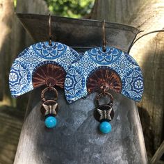 Bohemian Blue Enamel Earrings, Unique Blue Copper Earrings, Blue Artisan Copper Earrings, Artisan Blue Copper Earrings, Blue Patina Earrings For Gift, Artsy Blue Enamel Jewelry, Chesapeake Va, Dangle Earrings Boho, Enameled Copper