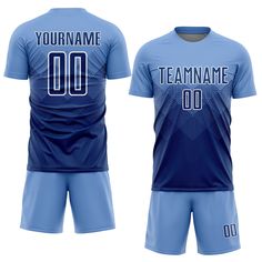 a blue soccer jersey with the number 00 on it and two shorts for each team