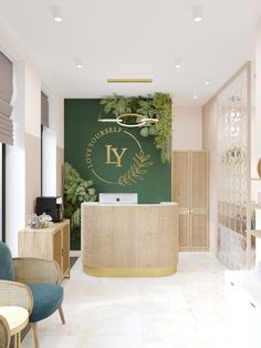 the front desk of a nail salon with plants on the wall and chairs around it