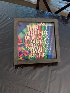 there is a sign on the table that has been made with colored pencils