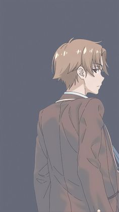 an anime character with blonde hair wearing a brown jacket and white collared shirt, standing in front of a dark background