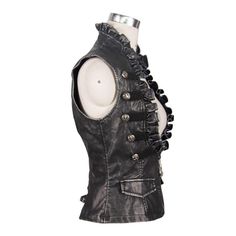 Black And Silver Big Opening Chest Wave Collar Sexy Lady Leather Waistcoats Skeletal Hand, Punk Leather Jacket, Black Leather Outfit, Steampunk Vest, Leather Waistcoat, Faux Leather Vest, Style Steampunk, Steampunk Clothing, Estilo Punk