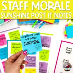 someone's hand holding up a post it note with the words, staff movable sunshine