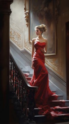 a painting of a woman in a red dress standing on stairs with her hand on the railing