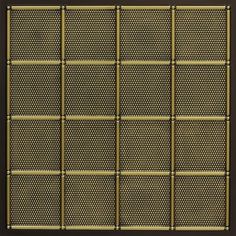 a brown and gold metal screen with squares on the bottom, in front of a black background