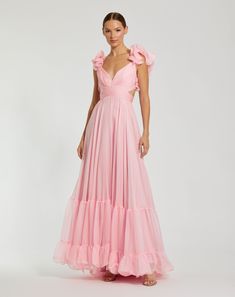 Ruffle Tiered Cut-Out Chiffon Gown Tiered Pink Dress, Tiered Gown, Rosa Shocking, Wedding Entourage, Ruffle Tiered Dress, Ruffle Gown, Mac Duggal Dresses, Pleated Bodice, Mac Duggal