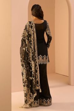 Black kurta with zari, sequin, thread, stone embroidery in floral pattern. Paired with border embroidered flared pant and cutwork border embroidered dupatta. - Aza Fashions Stone Embroidery, Black Kurta, Embroidered Dupatta, Fashion App, Silk Embroidery, Cut Work, Pant Set, Set For Women, Black Silk