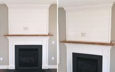 two pictures of a fireplace with white painted mantles and wood trim on the mantel