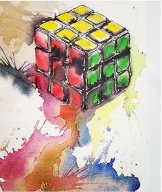 a painting of a rubik cube with paint splatters on it's surface