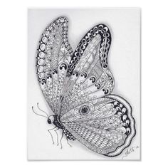 a black and white drawing of a butterfly with intricate designs on it's wings