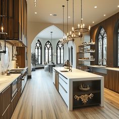 a large kitchen with wooden floors and white counter tops, along with an arched doorway that leads to another room