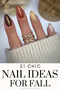 Geometric Nail Designs Classy, Fall Nails With Gold Lines, Fall Nails With Gold Accent, Stylish Fall Nails, Sept Nails 2024, Beginning Of Fall Nails, French Fall Nails, Summer To Fall Transition Nails, Late Summer Early Fall Nails