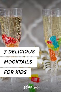 two champagne flutes with gummy bears in them and the words 7 delicious cocktails for kids