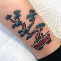 a tattoo on the arm of a person with a red and green plant in it