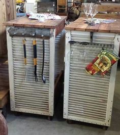 two metal storage cabinets with umbrellas hanging from them