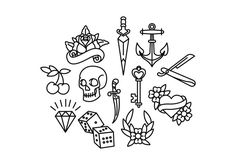 a black and white drawing of various tattoos