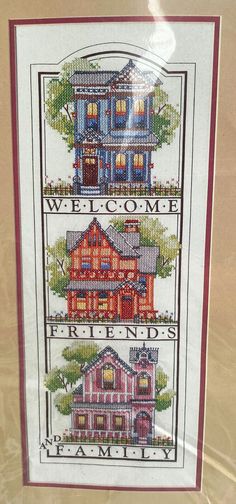 a cross stitch pattern with the words welcome, friends and family written in front of it