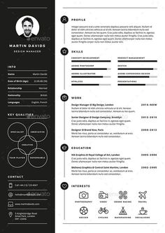 a clean and modern resume template with black accents on the front, dark background and white lines