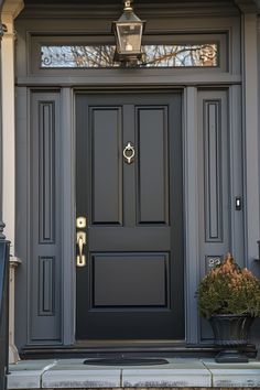 a gray front door with two planters on the steps and a light fixture above it