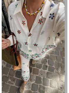 TAVIMART - Holiday Embroidery Floral Shirts Women Blouses Suit Tops Two Piece Sets with Button 2024 Summer Vintage Elegant Woman Pant Suit Size Detail: NOTE: Please compare the detail sizes with yours before you buy ( 1Inch=2.54cm 1cm=0.39inch) Size(cm) XS Length 63 . Bust 106 . Sleeve 48. Shoulder 58. Pants 98. Waist 70 . Hip 96. S Length 64 . Bust 110 . Sleeve 49. Shoulder 59. Pants 99. Waist 74 . Hip 100. M Length 65 . Bust 114 . Sleeve 50. Shoulder 60. Pants 100. Waist 78 . Hip 104. L Length White Floral Embroidery Sets For Vacation, Casual Embroidered Sets For Vacation, Embroidered Long Sleeve Sets For Summer, Spring Button-up Sets With Buttons, White Embroidered Vacation Sets, Casual Sets With Chikankari Embroidery For Summer, Summer Multicolor Embroidered Sets, White Button-up Sets For Spring, Traditional Collared Summer Blouse