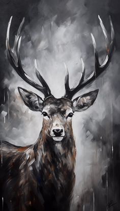 a painting of a deer with antlers on it's head in the rain