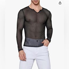 Men's Sheer Mesh See Through Notched V Neck Long Sleeve T Shirt Party Tops Color Black New Condition!!! Black Stretch V-neck Shirt, Black V-neck Party Shirt, Amazon Stretch Tops For Summer, Sheer Shirt Men, Mans Clothes, Light Blue Turtleneck, Long Skirt Casual, Blouse Man, Lycra Men